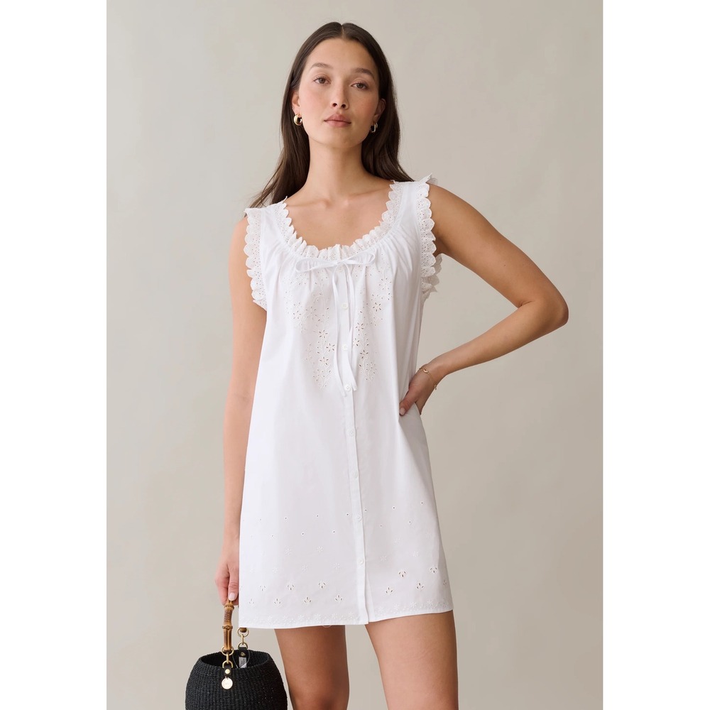 Sorella Caroline White Eyelet Mini Dress Sleeveless Button Front Lace Trim Med